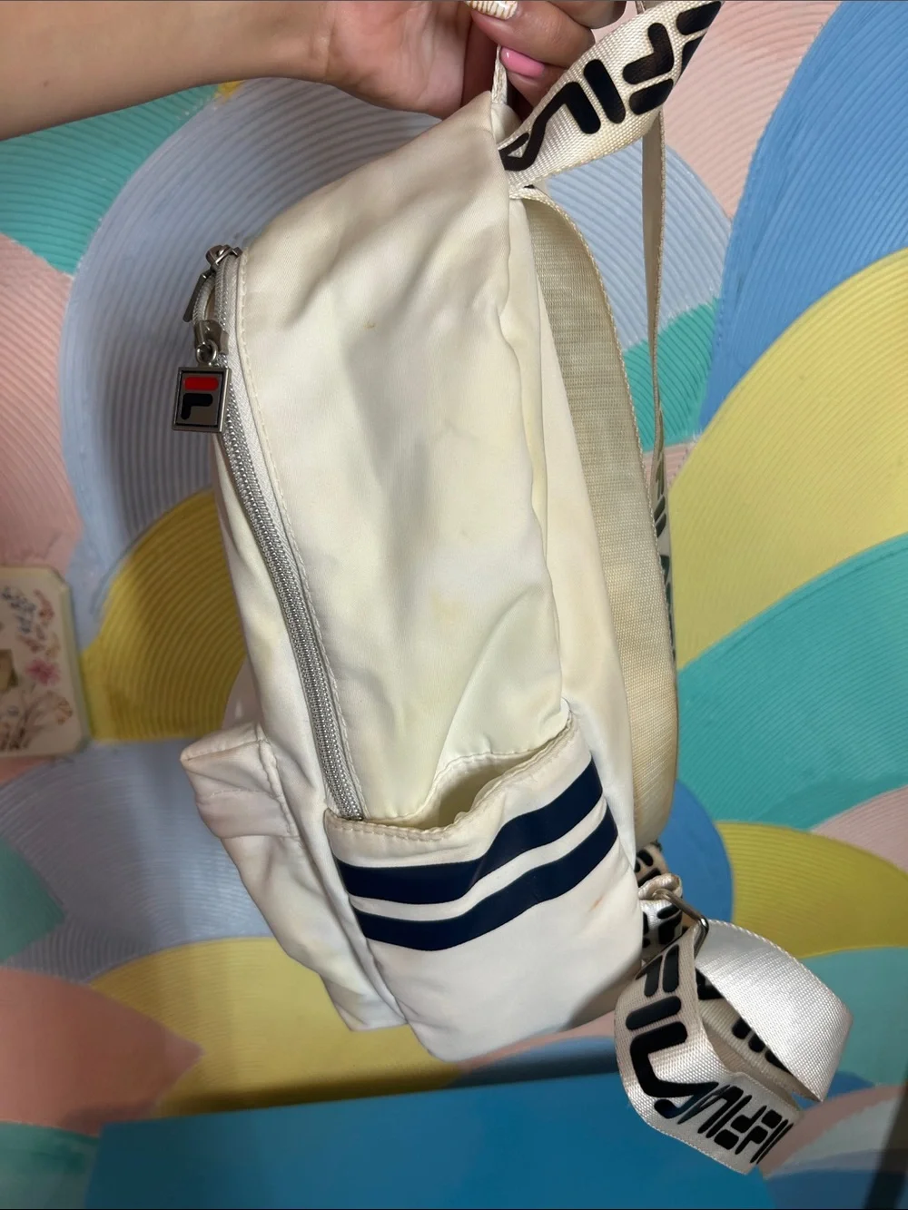 Fila Mini White Backpack with Navy and Red Logo Accents
